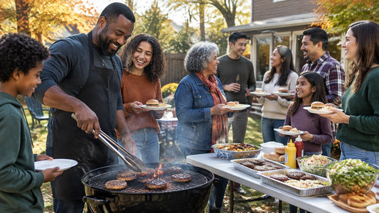 Mixed-race crowd of friends and family at an autumn homecoming cookout with burgers on the grill